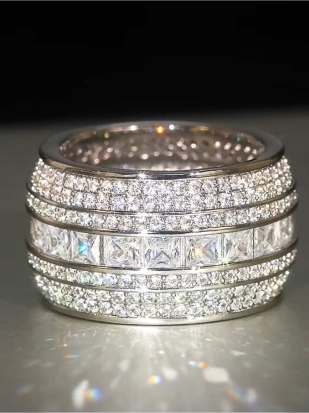 Women's Sterling Silver 925 Multi-Row Pavé and Princess-Cut Moissanite Band Ring